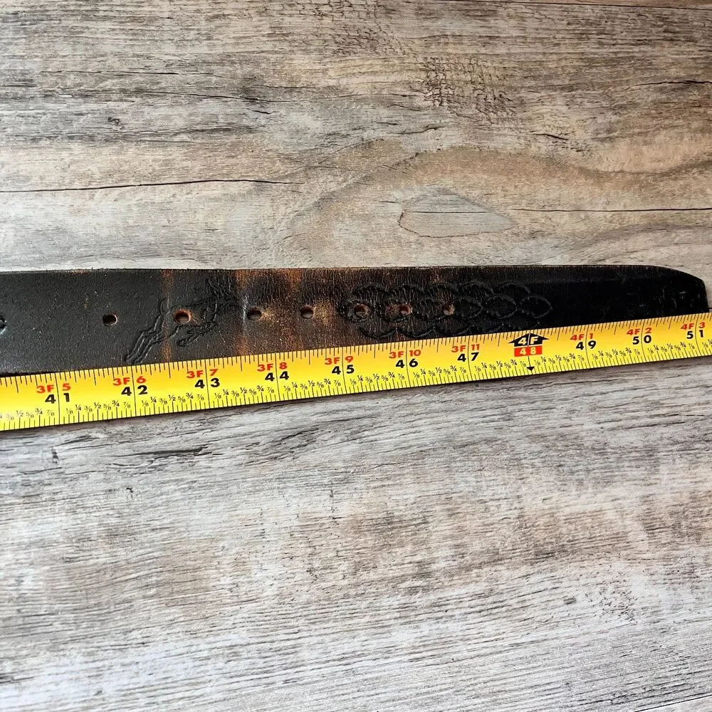 Vintage Leather Belt Deer Motif Tooled Western Dark Brown Size 44 Brass Buckle